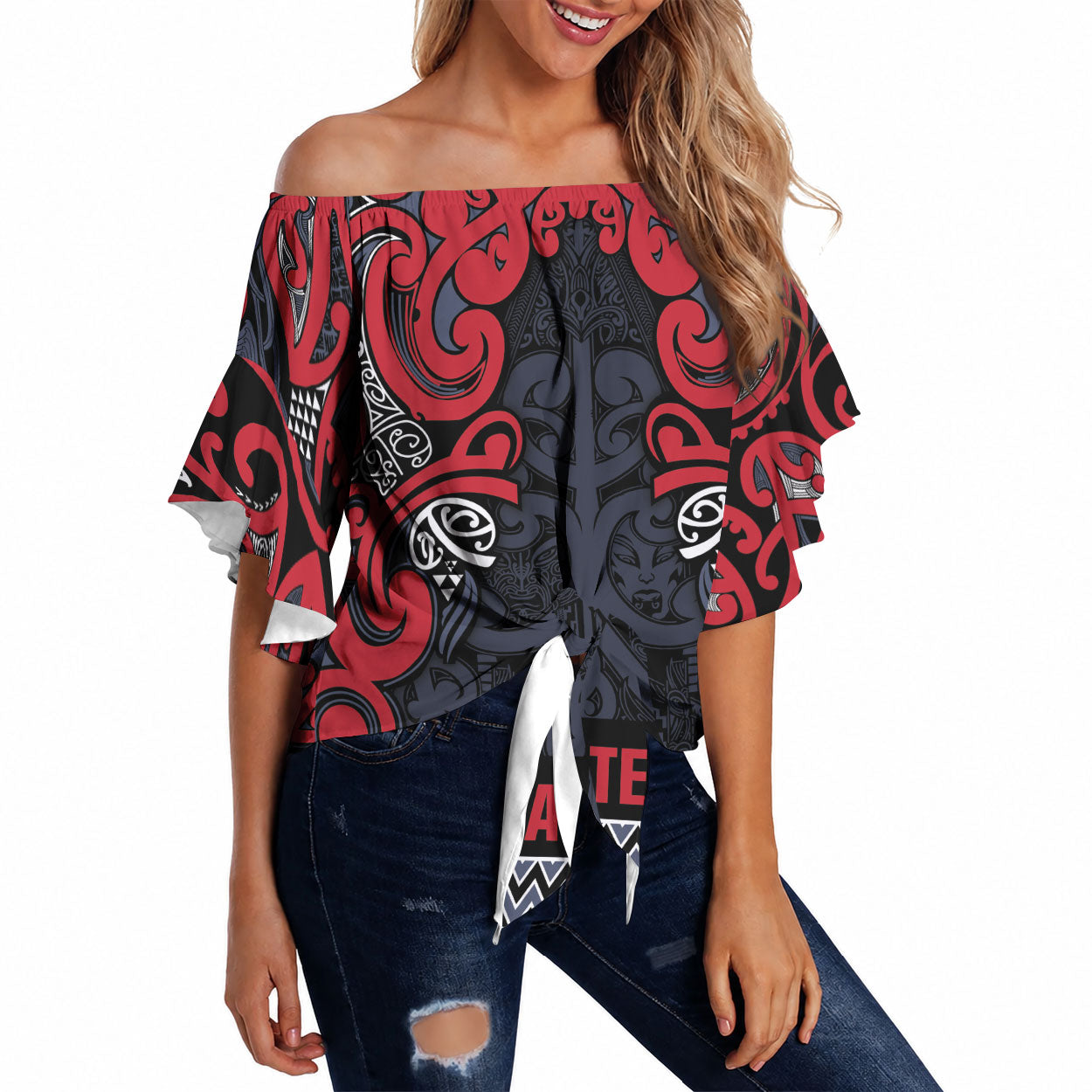 Aotearoa Iwi Te ati Awa Off Shoulder Wrap Waist Top Maori Wharenui House Tribal Pattern LT9 Bright Red - Polynesian Pride