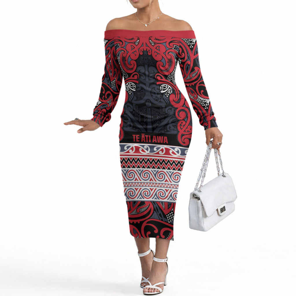 Aotearoa Iwi Te ati Awa Off The Shoulder Long Sleeve Dress Maori Wharenui House Tribal Pattern LT9 Women Bright Red - Polynesian Pride