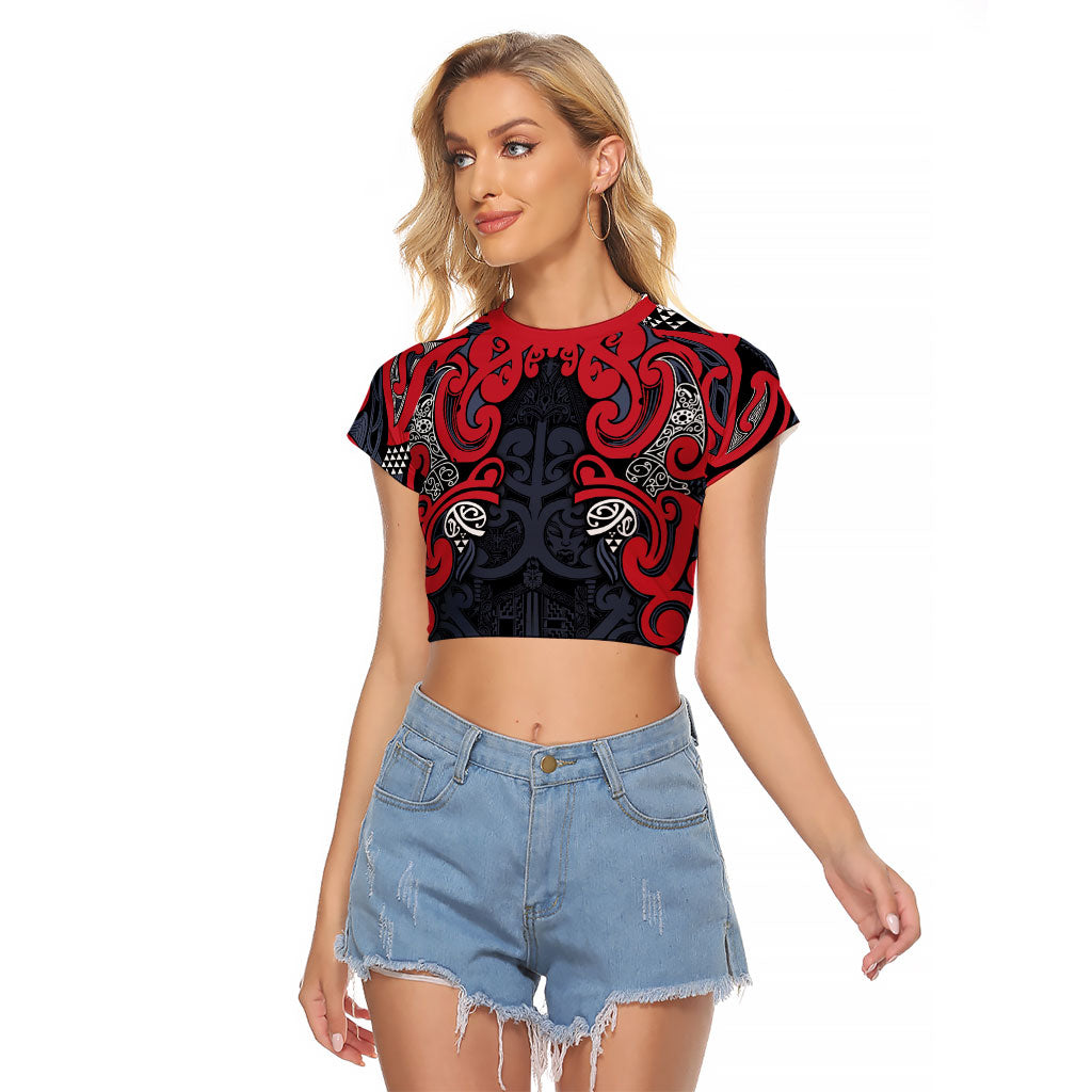 Aotearoa Iwi Te ati Awa Raglan Cropped T Shirt Maori Wharenui House Tribal Pattern LT9 Female Bright Red - Polynesian Pride