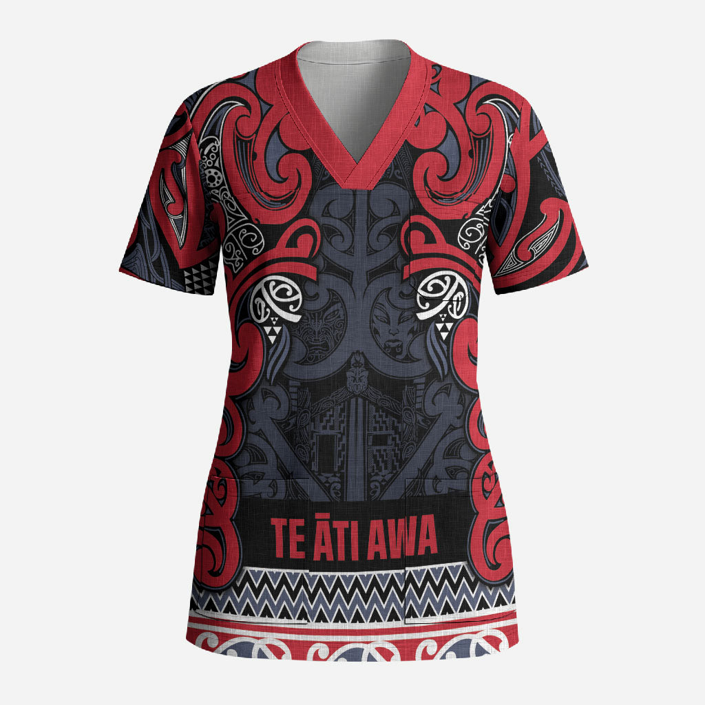 Aotearoa Iwi Te ati Awa Scrub Top Maori Wharenui House Tribal Pattern LT9 Adult Bright Red - Polynesian Pride