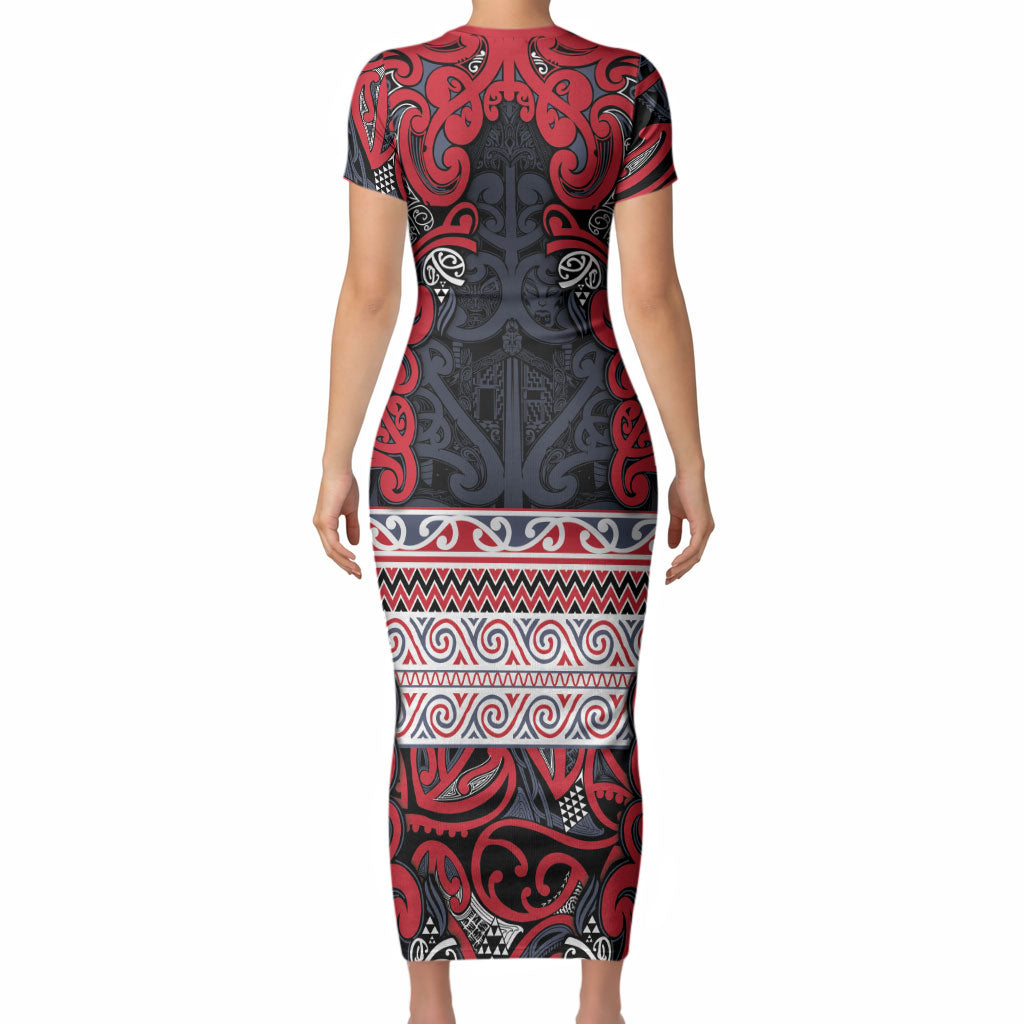 Aotearoa Iwi Te ati Awa Short Sleeve Bodycon Dress Maori Wharenui House Tribal Pattern LT9 - Polynesian Pride