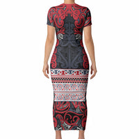 Aotearoa Iwi Te ati Awa Short Sleeve Bodycon Dress Maori Wharenui House Tribal Pattern LT9 - Polynesian Pride