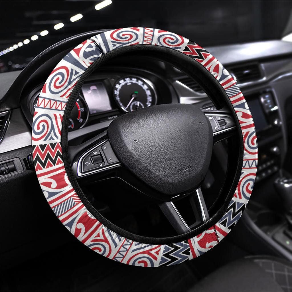 Aotearoa Iwi Te ati Awa Steering Wheel Cover Maori Wharenui House Tribal Pattern LT9 Universal Fit Bright Red - Polynesian Pride