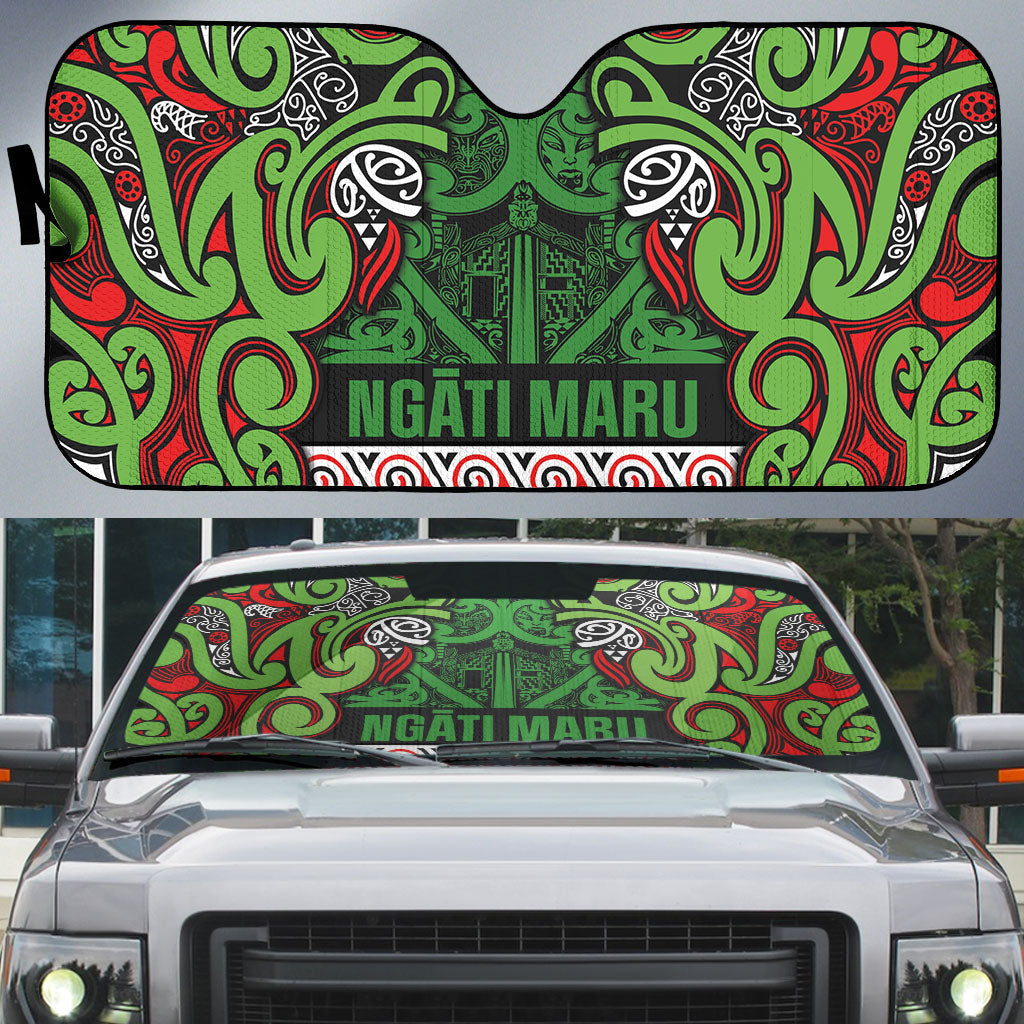 Aotearoa Iwi Ngati Maru Hauraki Auto Sun Shade Maori Wharenui House Tribal Pattern LT9 Green Red - Polynesian Pride