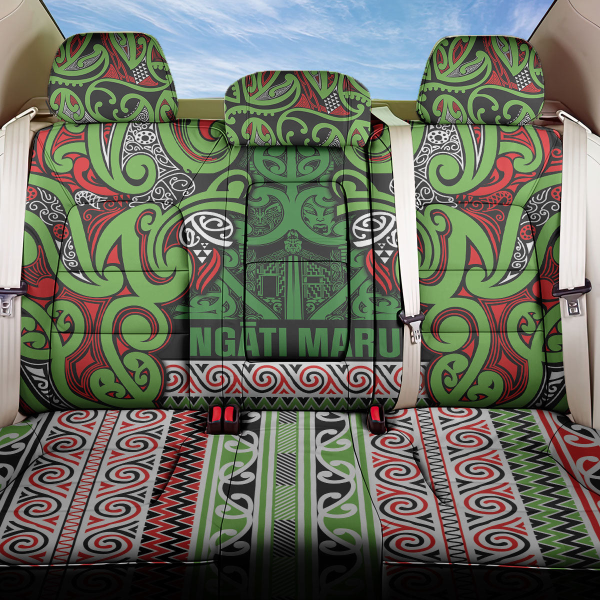 Aotearoa Iwi Ngati Maru Hauraki Back Car Seat Cover Maori Wharenui House Tribal Pattern LT9 One Size Green Red - Polynesian Pride