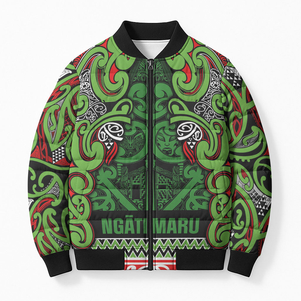 Aotearoa Iwi Ngati Maru Hauraki Bomber Puffer Jacket Maori Wharenui House Tribal Pattern LT9 Unisex Green Red - Polynesian Pride