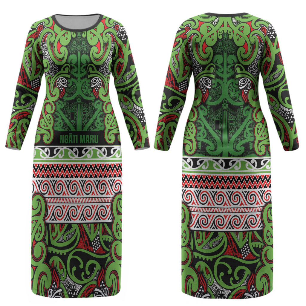 Aotearoa Iwi Ngati Maru Hauraki Couples Matching Long Sleeve Bodycon Dress and Hawaiian Shirt Maori Wharenui House Tribal Pattern LT9 - Polynesian Pride