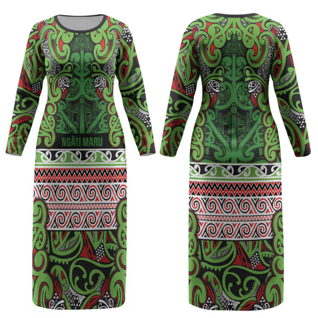 Aotearoa Iwi Ngati Maru Hauraki Couples Matching Long Sleeve Bodycon Dress and Long Sleeve Button Shirt Maori Wharenui House Tribal Pattern LT9 - Polynesian Pride