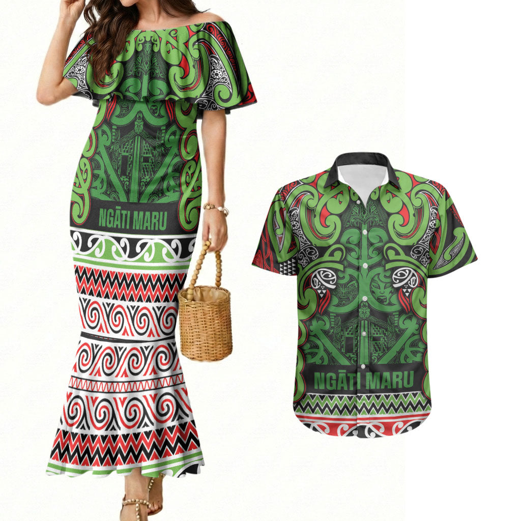 Aotearoa Iwi Ngati Maru Hauraki Couples Matching Mermaid Dress and Hawaiian Shirt Maori Wharenui House Tribal Pattern LT9 Green Red - Polynesian Pride