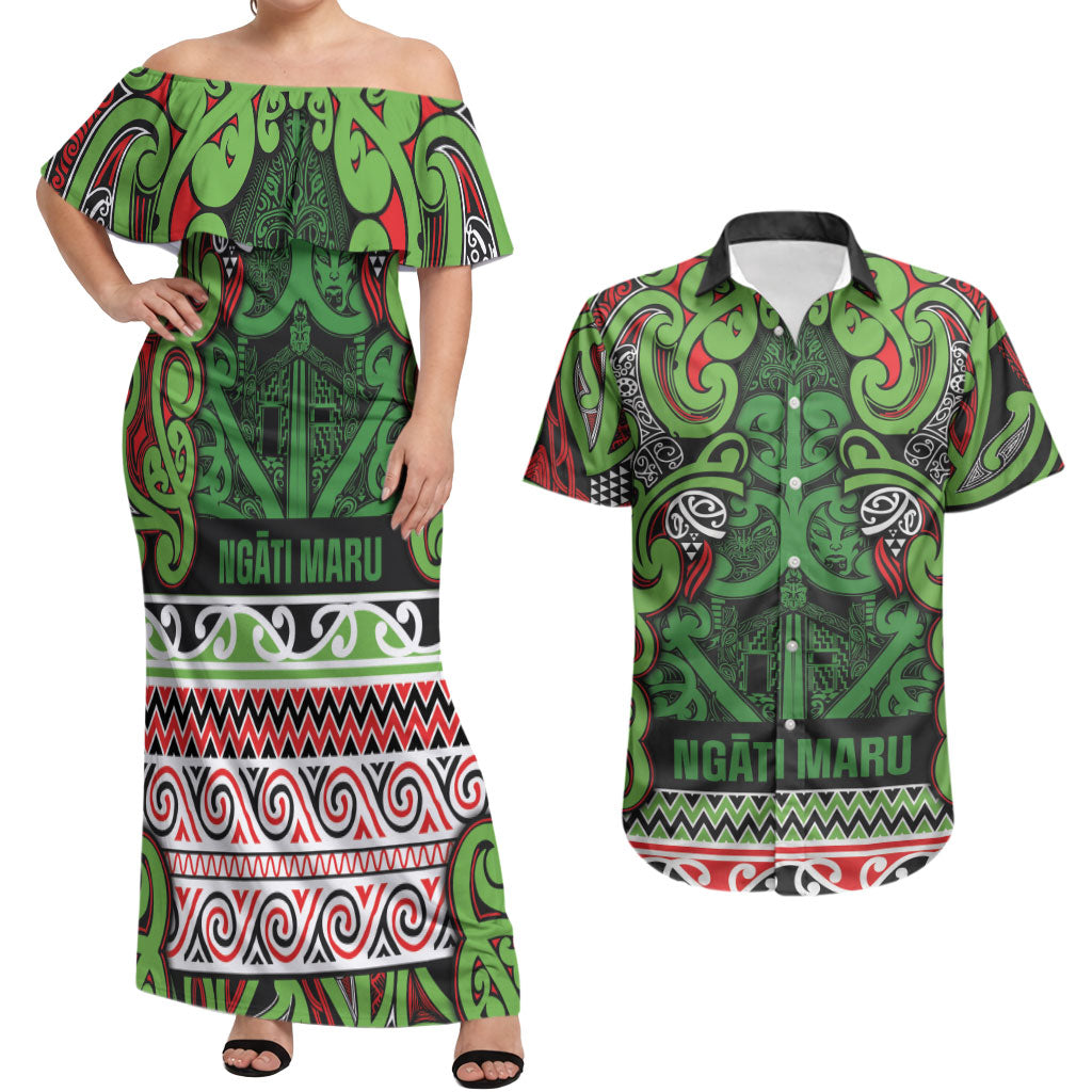 Aotearoa Iwi Ngati Maru Hauraki Couples Matching Off Shoulder Maxi Dress and Hawaiian Shirt Maori Wharenui House Tribal Pattern LT9 Green Red - Polynesian Pride