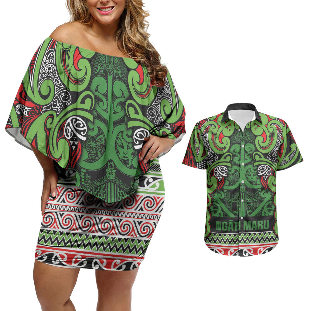 Aotearoa Iwi Ngati Maru Hauraki Couples Matching Off Shoulder Short Dress and Hawaiian Shirt Maori Wharenui House Tribal Pattern LT9 Green Red - Polynesian Pride