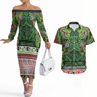 Aotearoa Iwi Ngati Maru Hauraki Couples Matching Off The Shoulder Long Sleeve Dress and Hawaiian Shirt Maori Wharenui House Tribal Pattern LT9 Green Red - Polynesian Pride