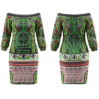 Aotearoa Iwi Ngati Maru Hauraki Couples Matching Off The Shoulder Long Sleeve Dress and Hawaiian Shirt Maori Wharenui House Tribal Pattern LT9 - Polynesian Pride