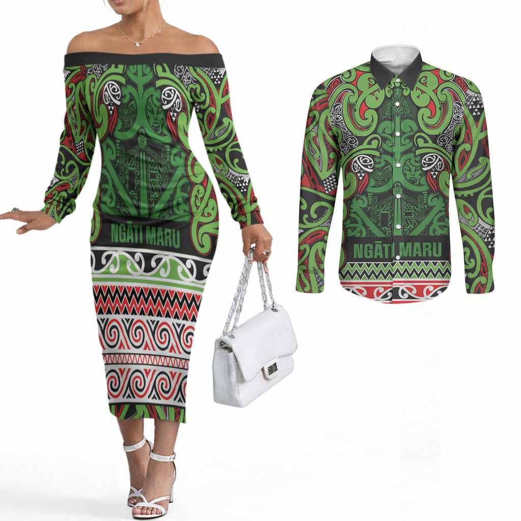Aotearoa Iwi Ngati Maru Hauraki Couples Matching Off The Shoulder Long Sleeve Dress and Long Sleeve Button Shirt Maori Wharenui House Tribal Pattern LT9 Green Red - Polynesian Pride
