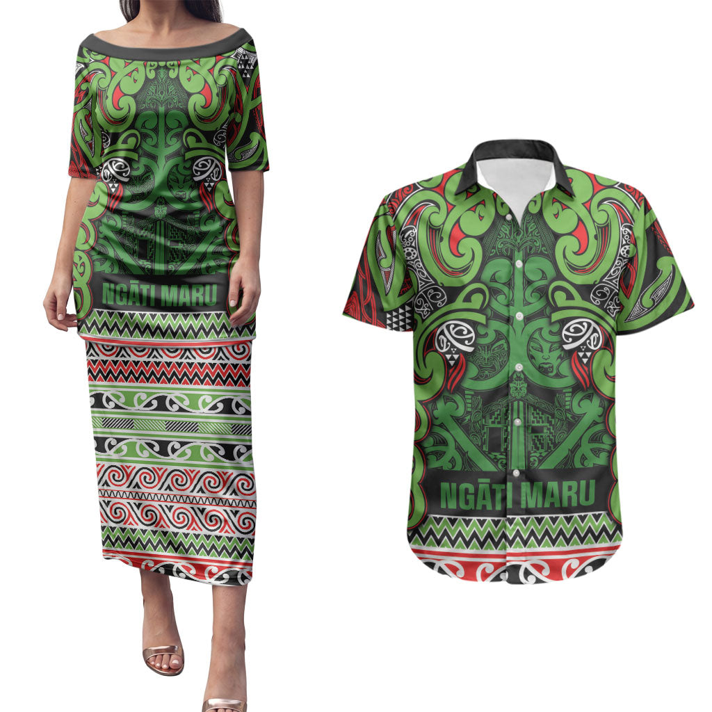 Aotearoa Iwi Ngati Maru Hauraki Couples Matching Puletasi and Hawaiian Shirt Maori Wharenui House Tribal Pattern LT9 Green Red - Polynesian Pride