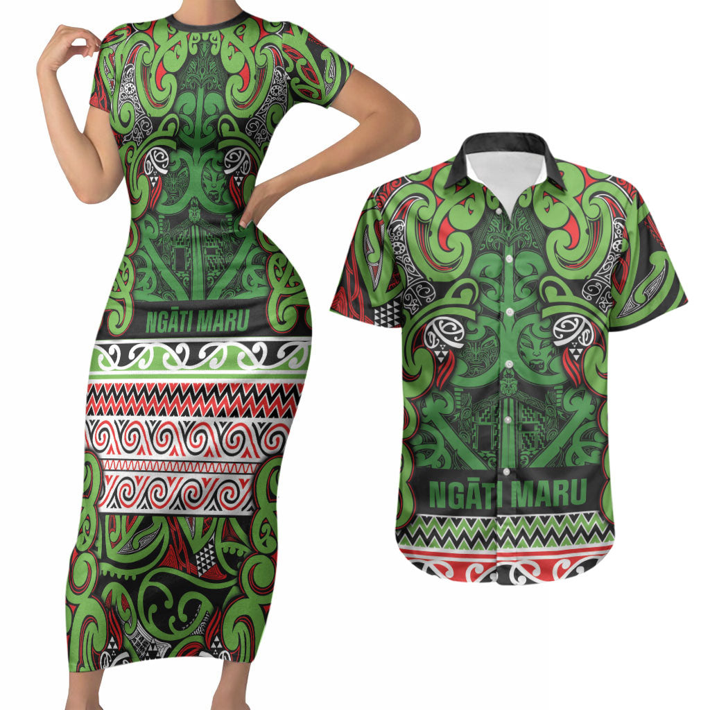 Aotearoa Iwi Ngati Maru Hauraki Couples Matching Short Sleeve Bodycon Dress and Hawaiian Shirt Maori Wharenui House Tribal Pattern LT9 Green Red - Polynesian Pride