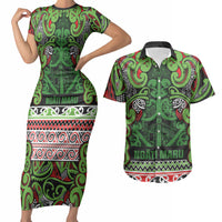 Aotearoa Iwi Ngati Maru Hauraki Couples Matching Short Sleeve Bodycon Dress and Hawaiian Shirt Maori Wharenui House Tribal Pattern LT9 Green Red - Polynesian Pride