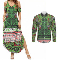 Aotearoa Iwi Ngati Maru Hauraki Couples Matching Summer Maxi Dress and Long Sleeve Button Shirt Maori Wharenui House Tribal Pattern LT9 Green Red - Polynesian Pride
