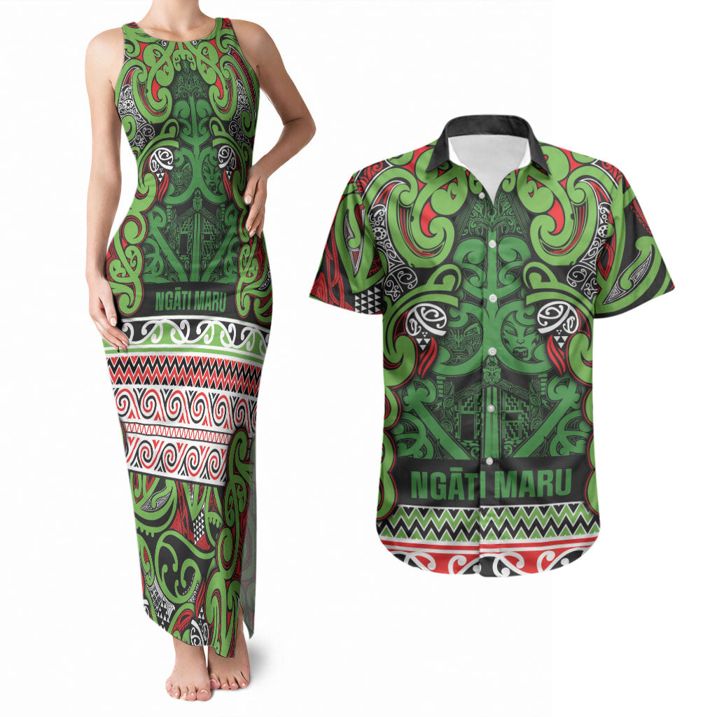 Aotearoa Iwi Ngati Maru Hauraki Couples Matching Tank Maxi Dress and Hawaiian Shirt Maori Wharenui House Tribal Pattern LT9 Green Red - Polynesian Pride