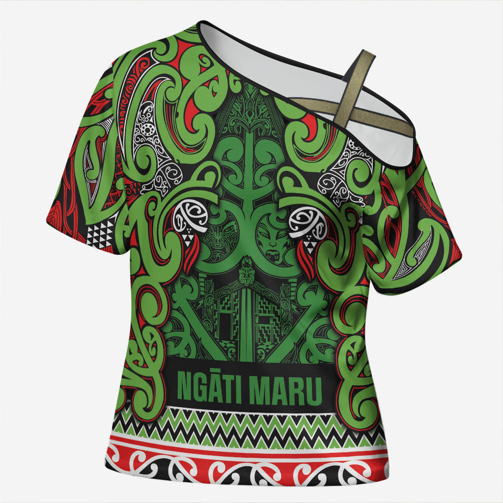 Aotearoa Iwi Ngati Maru Hauraki Cross Shoulder Shirt Maori Wharenui House Tribal Pattern LT9 Female Green Red - Polynesian Pride