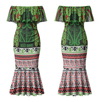 Aotearoa Iwi Ngati Maru Hauraki Family Matching Mermaid Dress and Hawaiian Shirt Maori Wharenui House Tribal Pattern LT9 Mom's Dress Green Red - Polynesian Pride