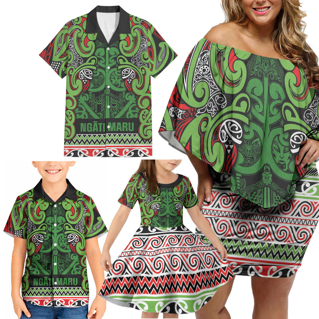 Aotearoa Iwi Ngati Maru Hauraki Family Matching Off Shoulder Short Dress and Hawaiian Shirt Maori Wharenui House Tribal Pattern LT9 - Polynesian Pride
