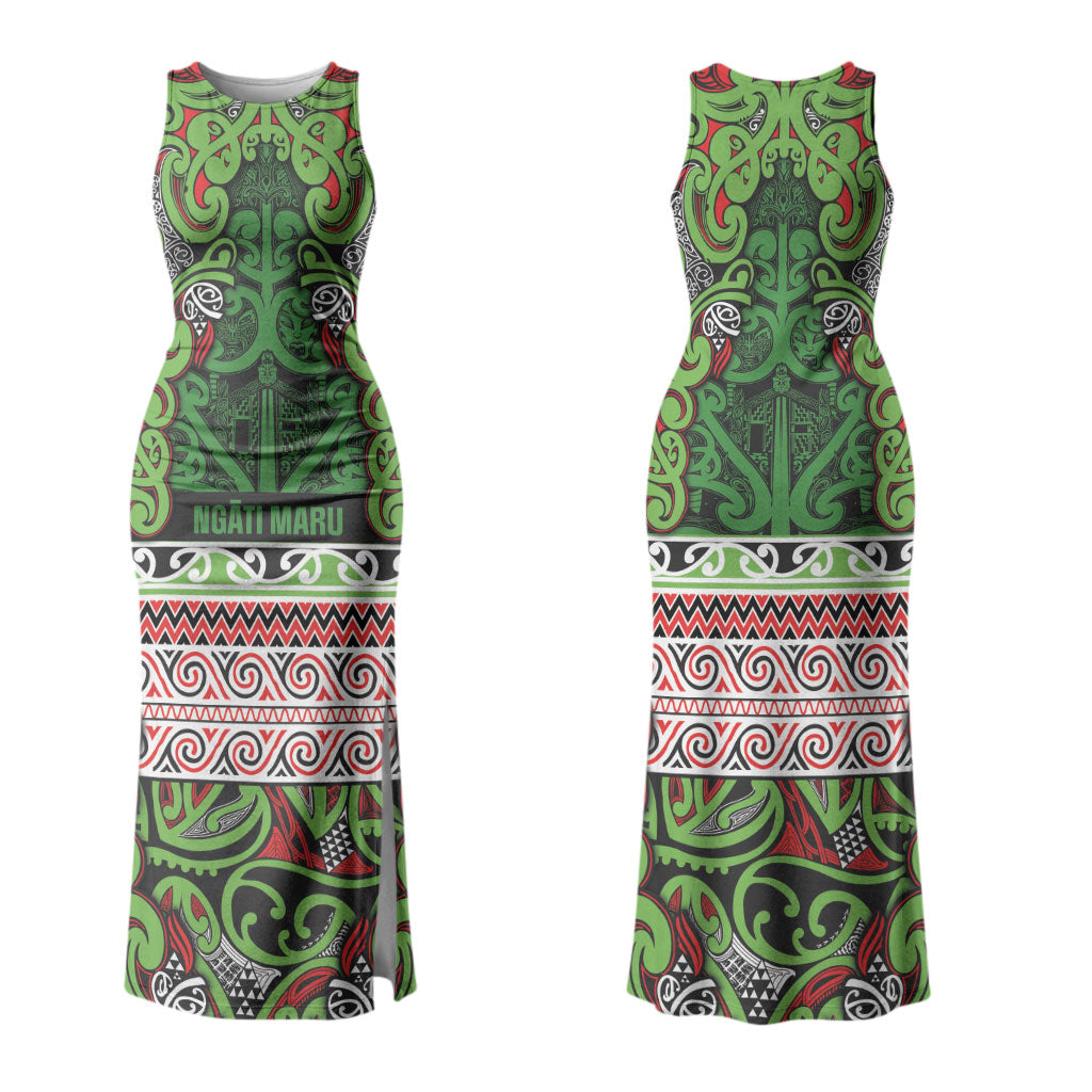 Aotearoa Iwi Ngati Maru Hauraki Family Matching Tank Maxi Dress and Hawaiian Shirt Maori Wharenui House Tribal Pattern LT9 Mom's Dress Green Red - Polynesian Pride