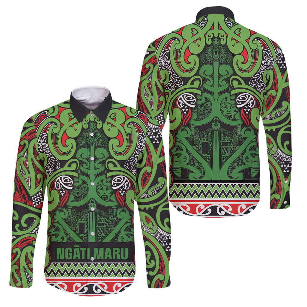 Aotearoa Iwi Ngati Maru Hauraki Family Matching Tank Maxi Dress and Hawaiian Shirt Maori Wharenui House Tribal Pattern LT9 Dad's Shirt - Long Sleeve Green Red - Polynesian Pride