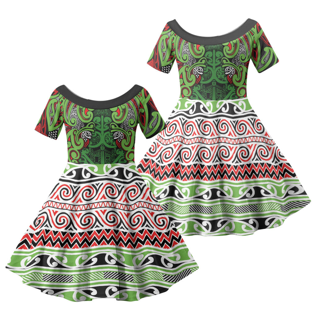 Aotearoa Iwi Ngati Maru Hauraki Family Matching Tank Maxi Dress and Hawaiian Shirt Maori Wharenui House Tribal Pattern LT9 Daughter's Dress Green Red - Polynesian Pride