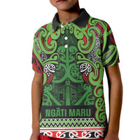 Aotearoa Iwi Ngati Maru Hauraki Kid Polo Shirt Maori Wharenui House Tribal Pattern LT9 Kid Green Red - Polynesian Pride