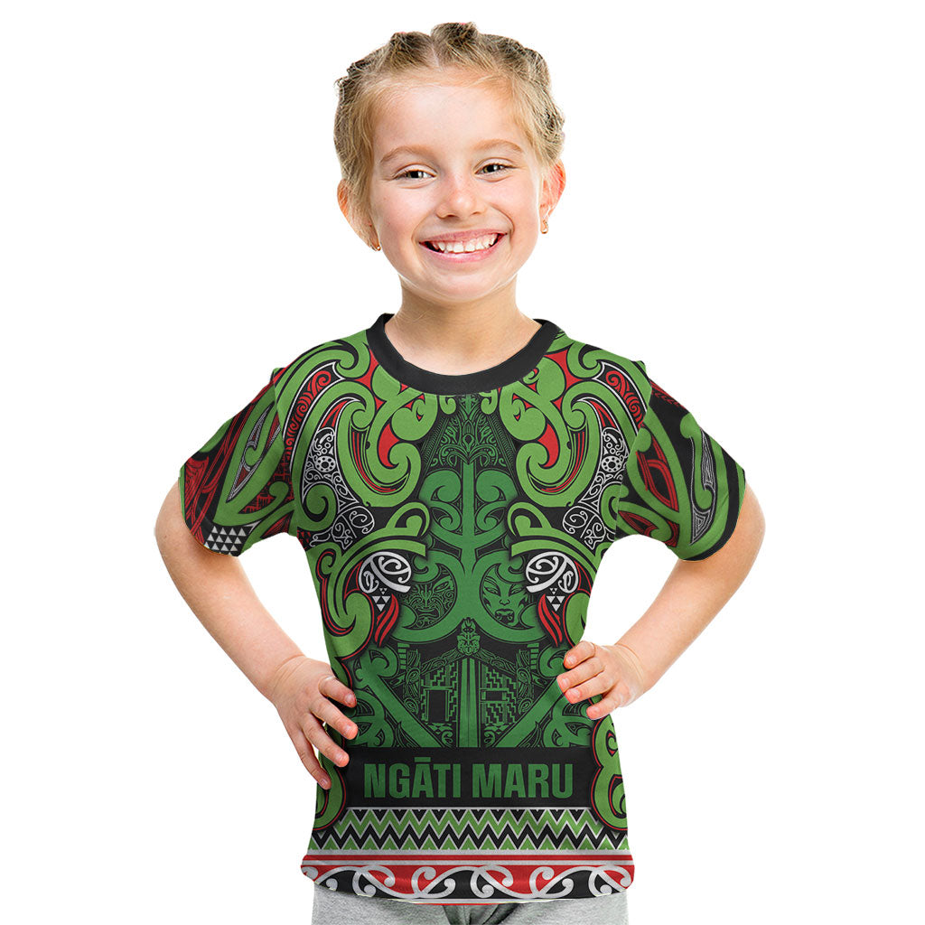 Aotearoa Iwi Ngati Maru Hauraki Kid T Shirt Maori Wharenui House Tribal Pattern LT9 Green Red - Polynesian Pride
