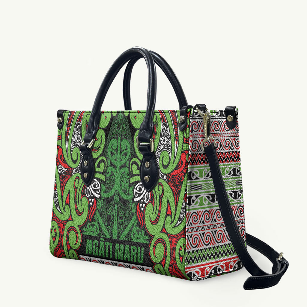 Aotearoa Iwi Ngati Maru Hauraki Leather Bag Maori Wharenui House Tribal Pattern LT9 Green Red - Polynesian Pride