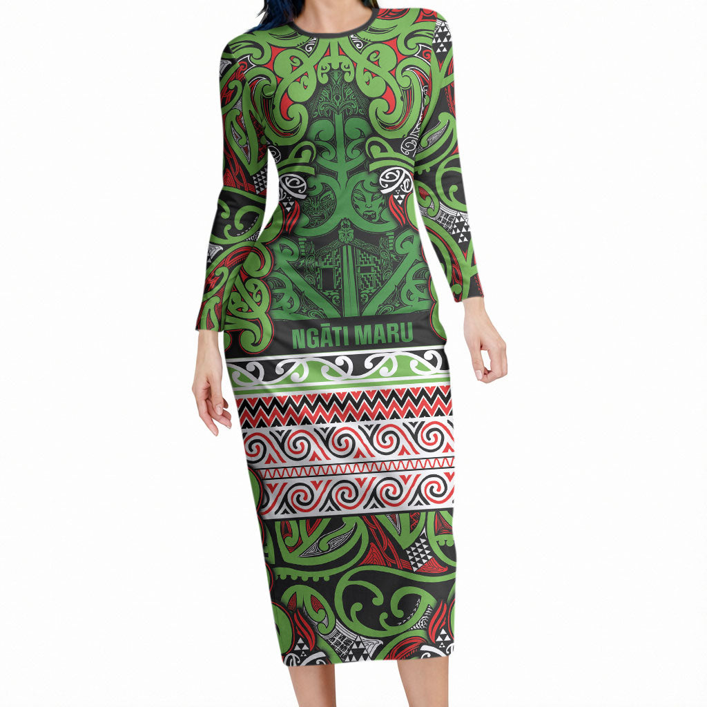Aotearoa Iwi Ngati Maru Hauraki Long Sleeve Bodycon Dress Maori Wharenui House Tribal Pattern LT9 Long Dress Green Red - Polynesian Pride