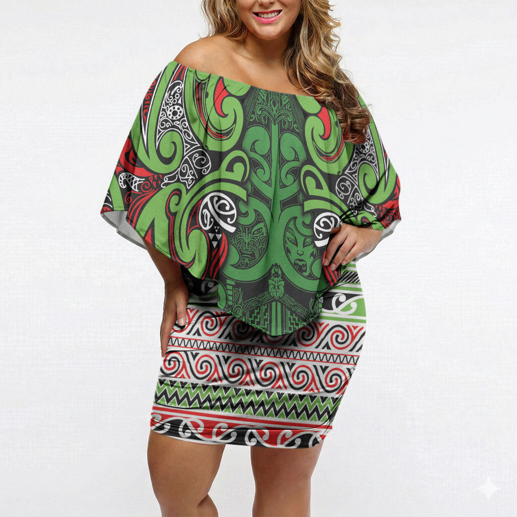 Aotearoa Iwi Ngati Maru Hauraki Off Shoulder Short Dress Maori Wharenui House Tribal Pattern LT9 Women Green Red - Polynesian Pride