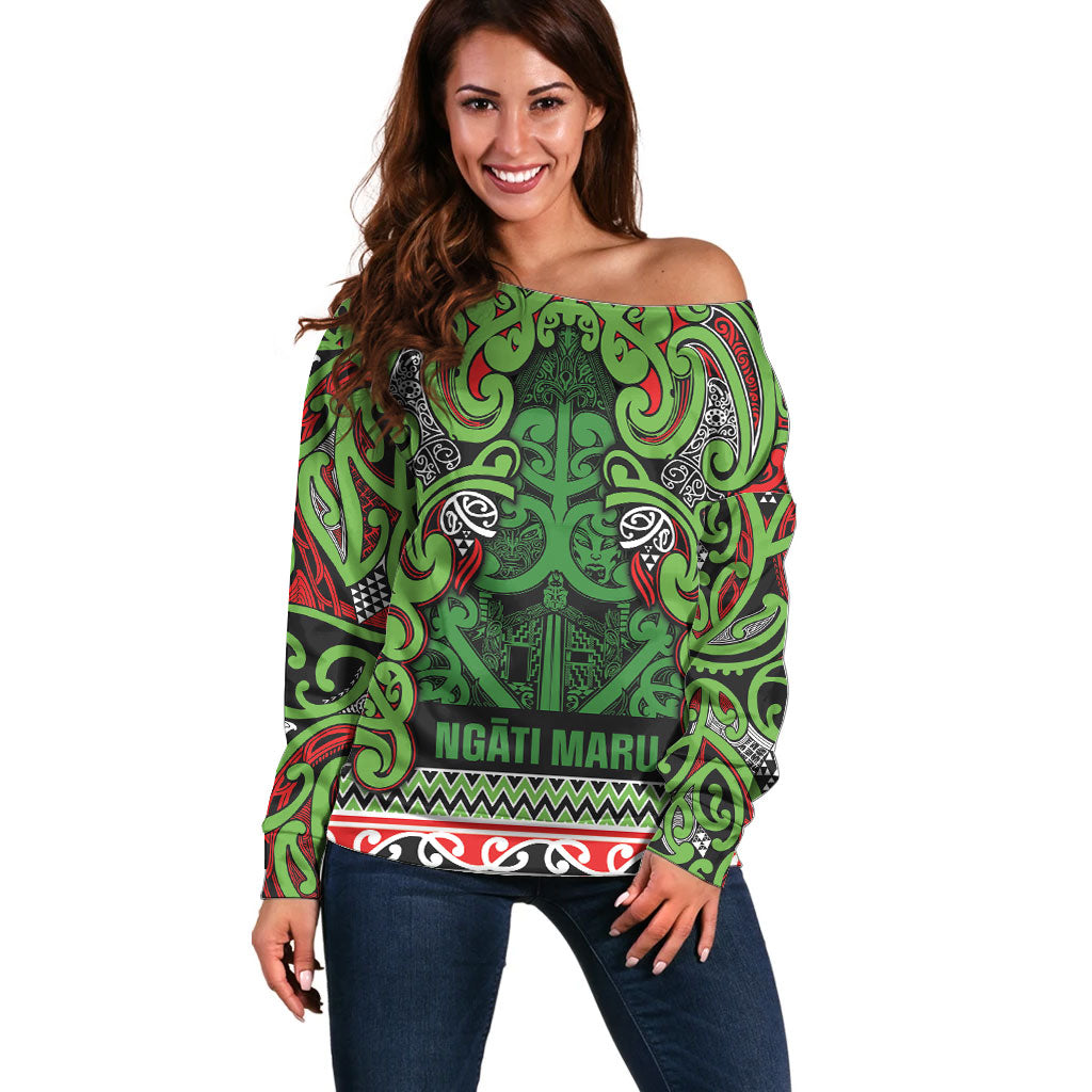 Aotearoa Iwi Ngati Maru Hauraki Off Shoulder Sweater Maori Wharenui House Tribal Pattern LT9 Women Green Red - Polynesian Pride