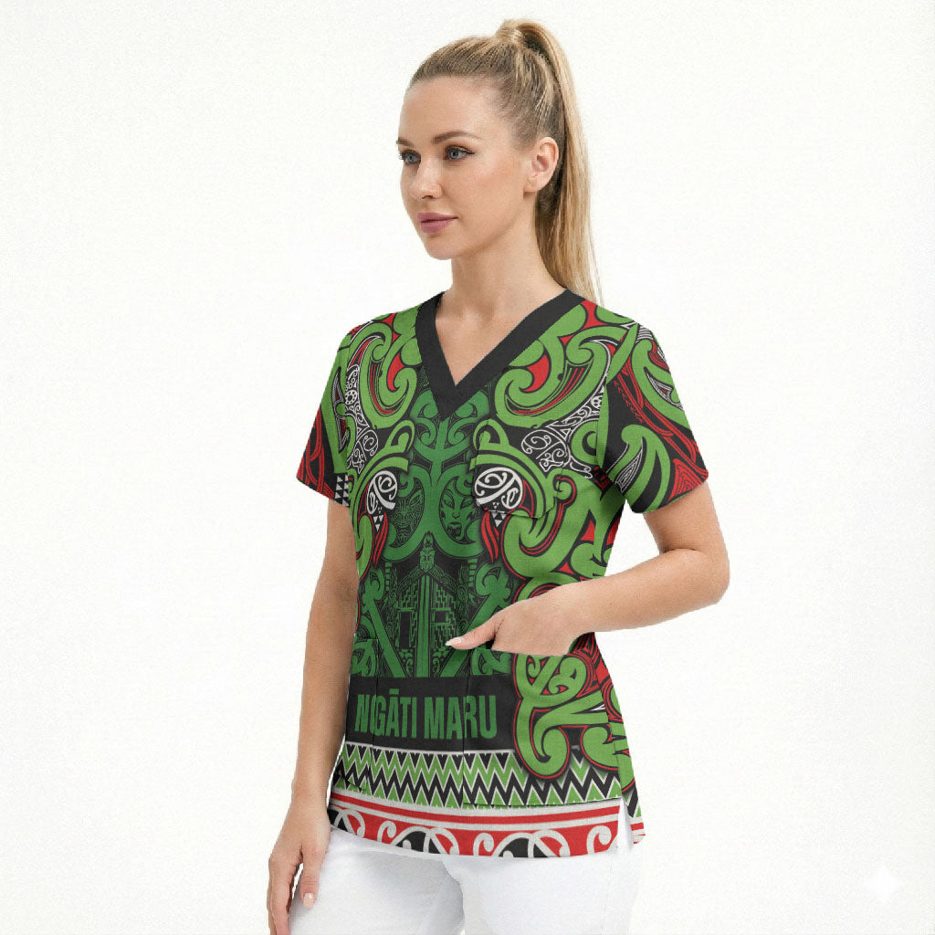 Aotearoa Iwi Ngati Maru Hauraki Scrub Top Maori Wharenui House Tribal Pattern LT9 - Polynesian Pride