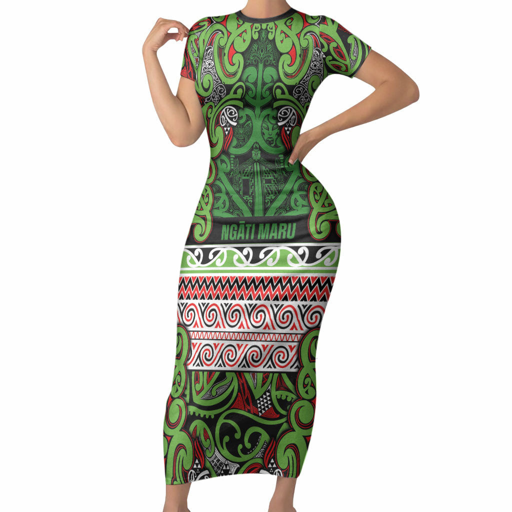 Aotearoa Iwi Ngati Maru Hauraki Short Sleeve Bodycon Dress Maori Wharenui House Tribal Pattern LT9 Long Dress Green Red - Polynesian Pride