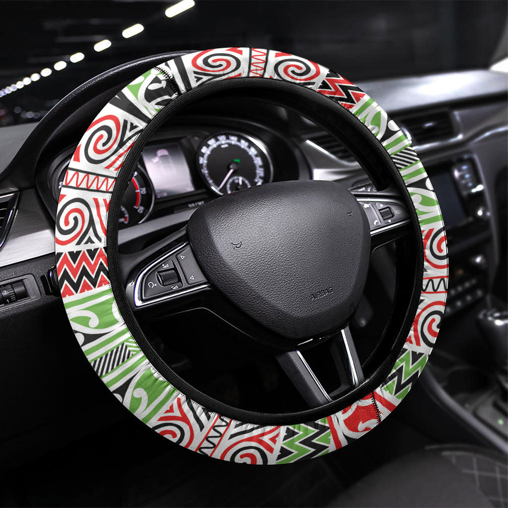Aotearoa Iwi Ngati Maru Hauraki Steering Wheel Cover Maori Wharenui House Tribal Pattern LT9 Universal Fit Green Red - Polynesian Pride