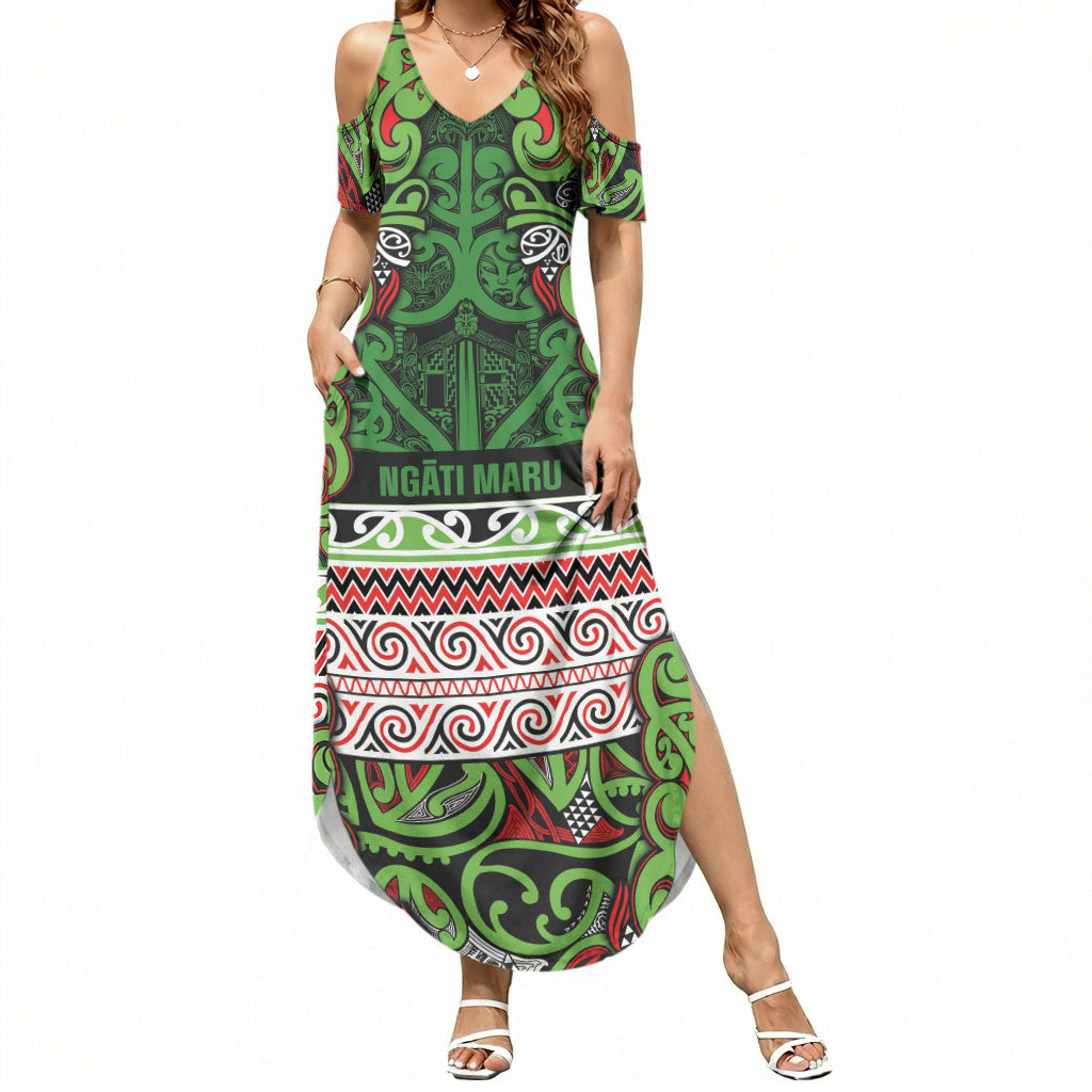 Aotearoa Iwi Ngati Maru Hauraki Summer Maxi Dress Maori Wharenui House Tribal Pattern LT9 Women Green Red - Polynesian Pride