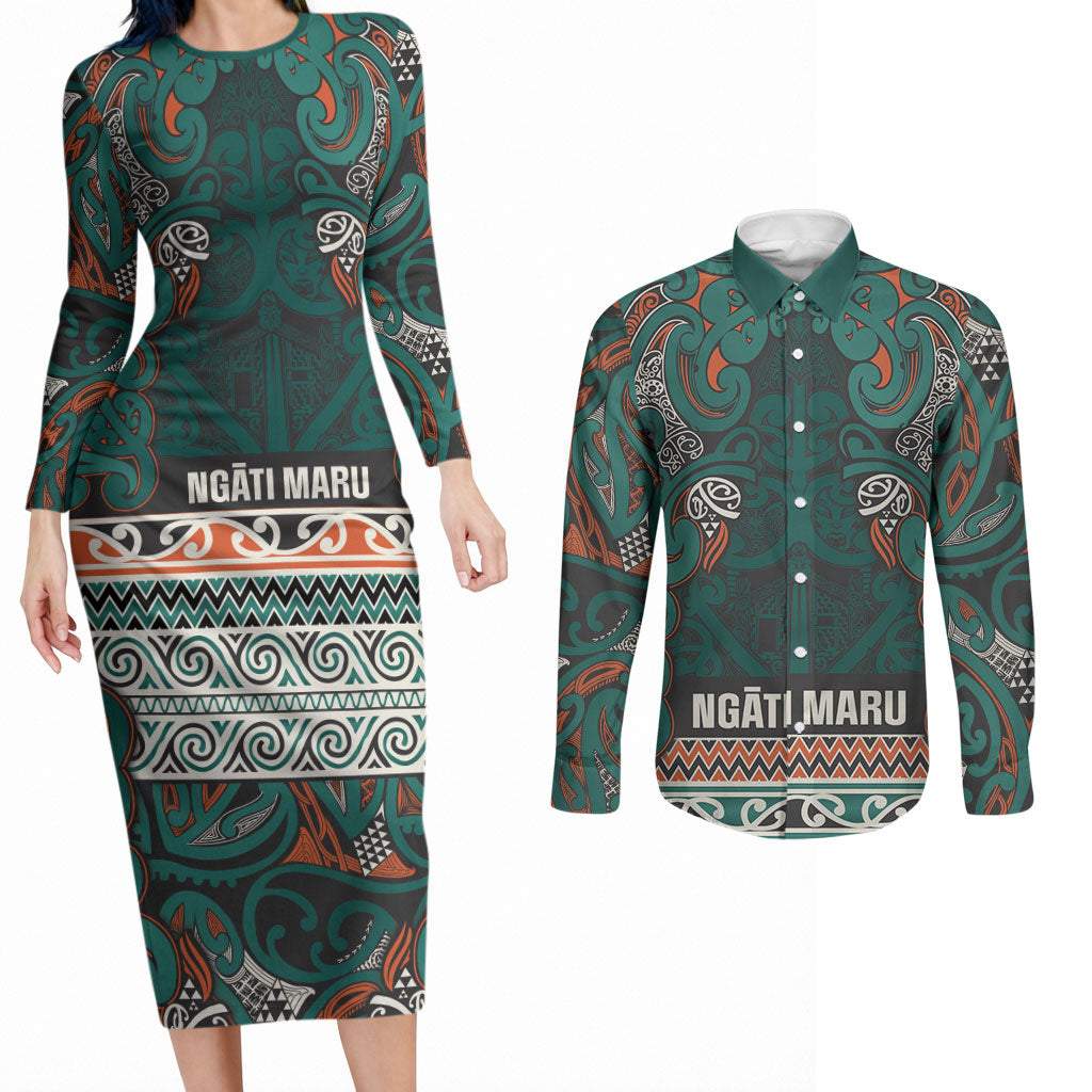 Aotearoa Iwi Ngāti Maru Taranaki Couples Matching Long Sleeve Bodycon Dress and Long Sleeve Button Shirt Maori Wharenui House Tribal Pattern LT9 Deep Teal - Polynesian Pride