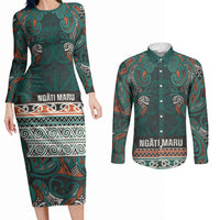 Aotearoa Iwi Ngāti Maru Taranaki Couples Matching Long Sleeve Bodycon Dress and Long Sleeve Button Shirt Maori Wharenui House Tribal Pattern LT9 Deep Teal - Polynesian Pride