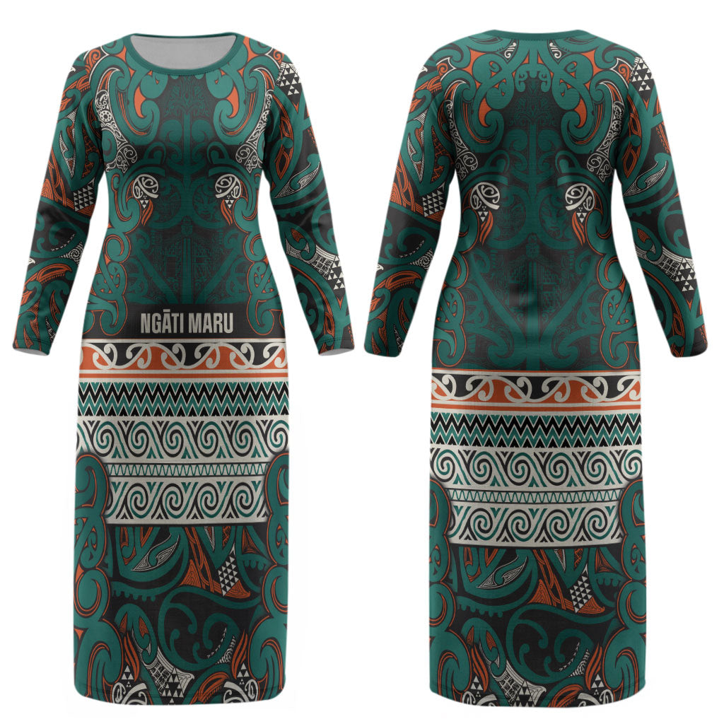 Aotearoa Iwi Ngāti Maru Taranaki Couples Matching Long Sleeve Bodycon Dress and Long Sleeve Button Shirt Maori Wharenui House Tribal Pattern LT9 - Polynesian Pride