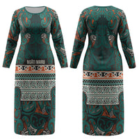 Aotearoa Iwi Ngāti Maru Taranaki Couples Matching Long Sleeve Bodycon Dress and Long Sleeve Button Shirt Maori Wharenui House Tribal Pattern LT9 - Polynesian Pride