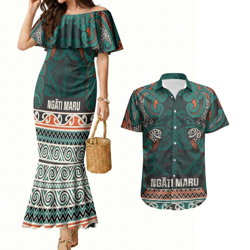 Aotearoa Iwi Ngāti Maru Taranaki Couples Matching Mermaid Dress and Hawaiian Shirt Maori Wharenui House Tribal Pattern LT9 Deep Teal - Polynesian Pride