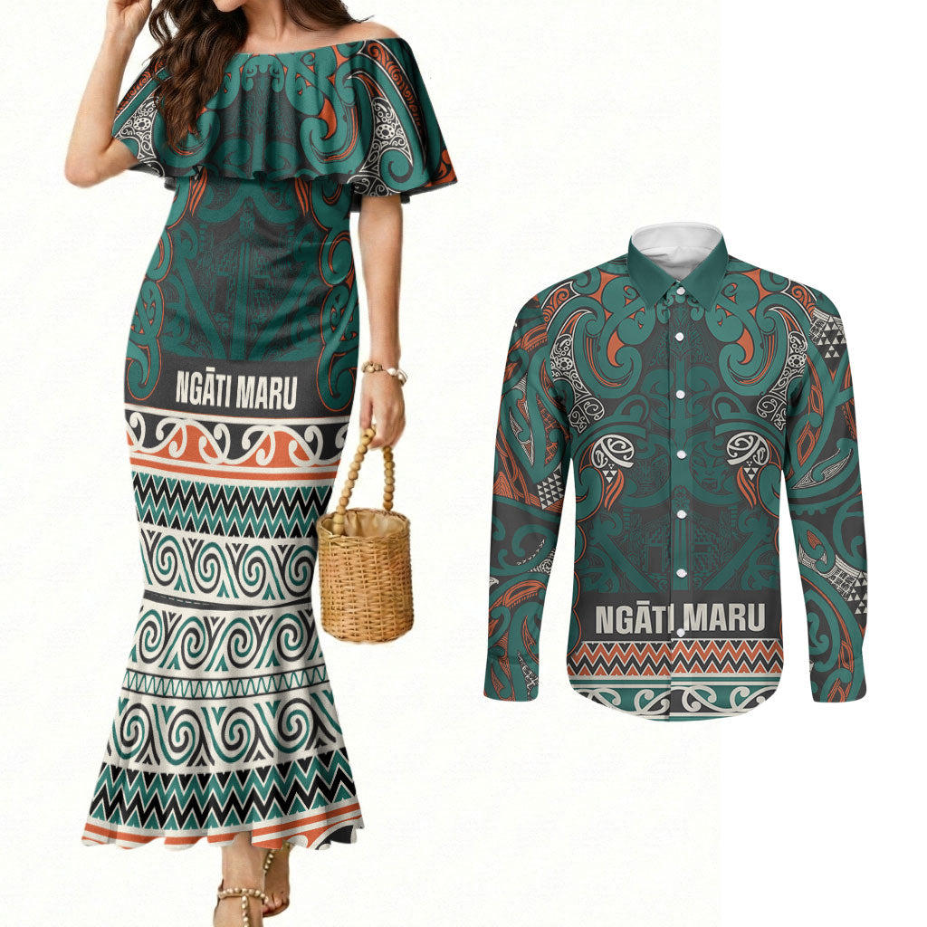 Aotearoa Iwi Ngāti Maru Taranaki Couples Matching Mermaid Dress and Long Sleeve Button Shirt Maori Wharenui House Tribal Pattern LT9 Deep Teal - Polynesian Pride