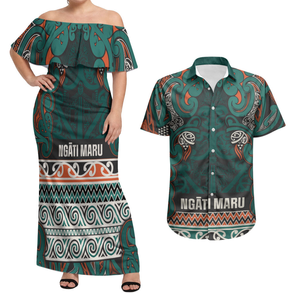 Aotearoa Iwi Ngāti Maru Taranaki Couples Matching Off Shoulder Maxi Dress and Hawaiian Shirt Maori Wharenui House Tribal Pattern LT9 Deep Teal - Polynesian Pride