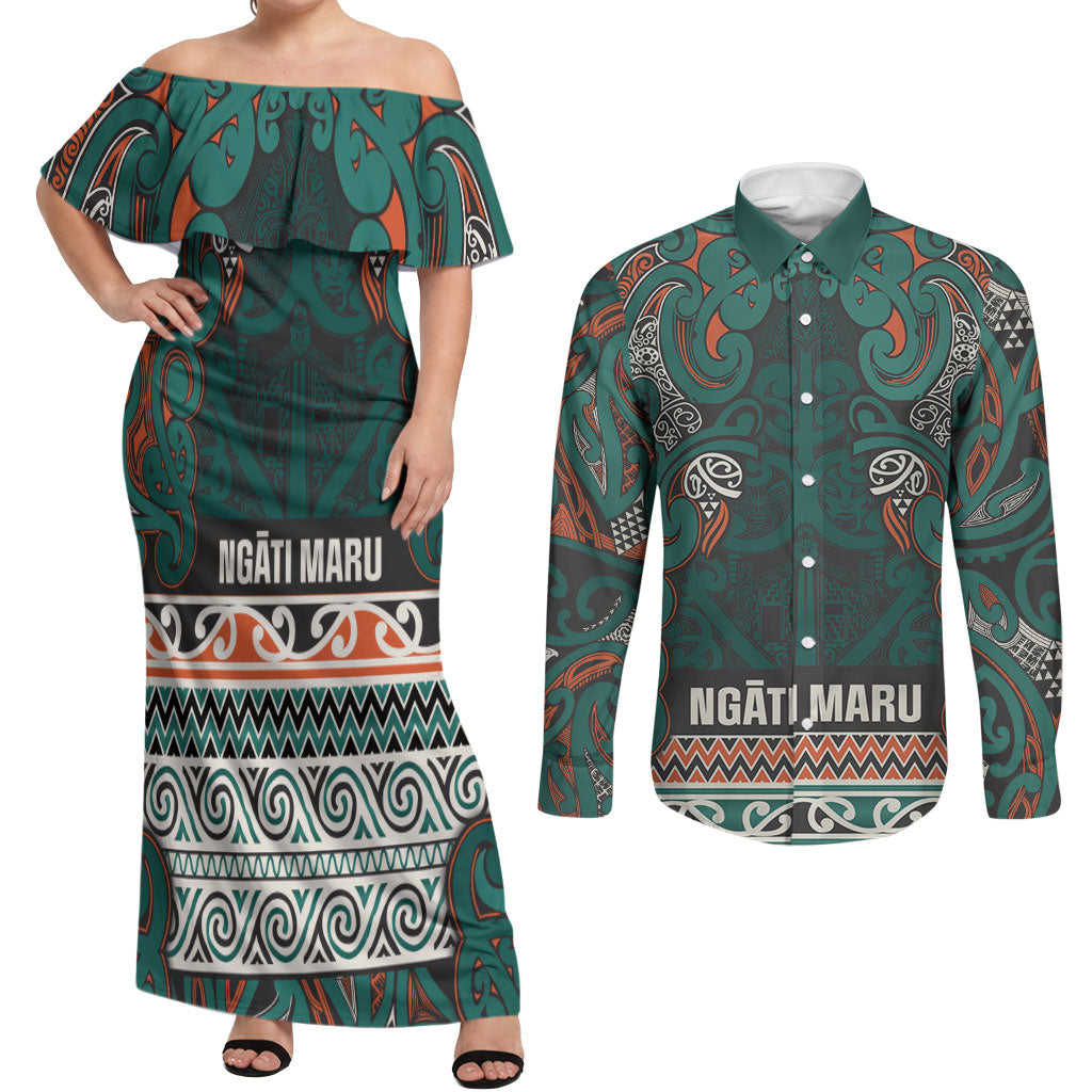 Aotearoa Iwi Ngāti Maru Taranaki Couples Matching Off Shoulder Maxi Dress and Long Sleeve Button Shirt Maori Wharenui House Tribal Pattern LT9 Deep Teal - Polynesian Pride