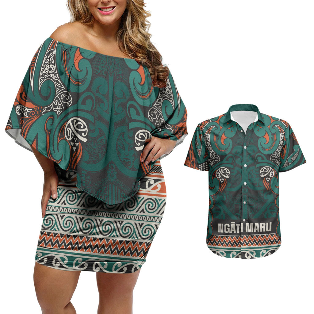Aotearoa Iwi Ngāti Maru Taranaki Couples Matching Off Shoulder Short Dress and Hawaiian Shirt Maori Wharenui House Tribal Pattern LT9 Deep Teal - Polynesian Pride