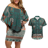Aotearoa Iwi Ngāti Maru Taranaki Couples Matching Off Shoulder Short Dress and Hawaiian Shirt Maori Wharenui House Tribal Pattern LT9 Deep Teal - Polynesian Pride
