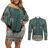 Aotearoa Iwi Ngāti Maru Taranaki Couples Matching Off Shoulder Short Dress and Long Sleeve Button Shirt Maori Wharenui House Tribal Pattern LT9 Deep Teal - Polynesian Pride